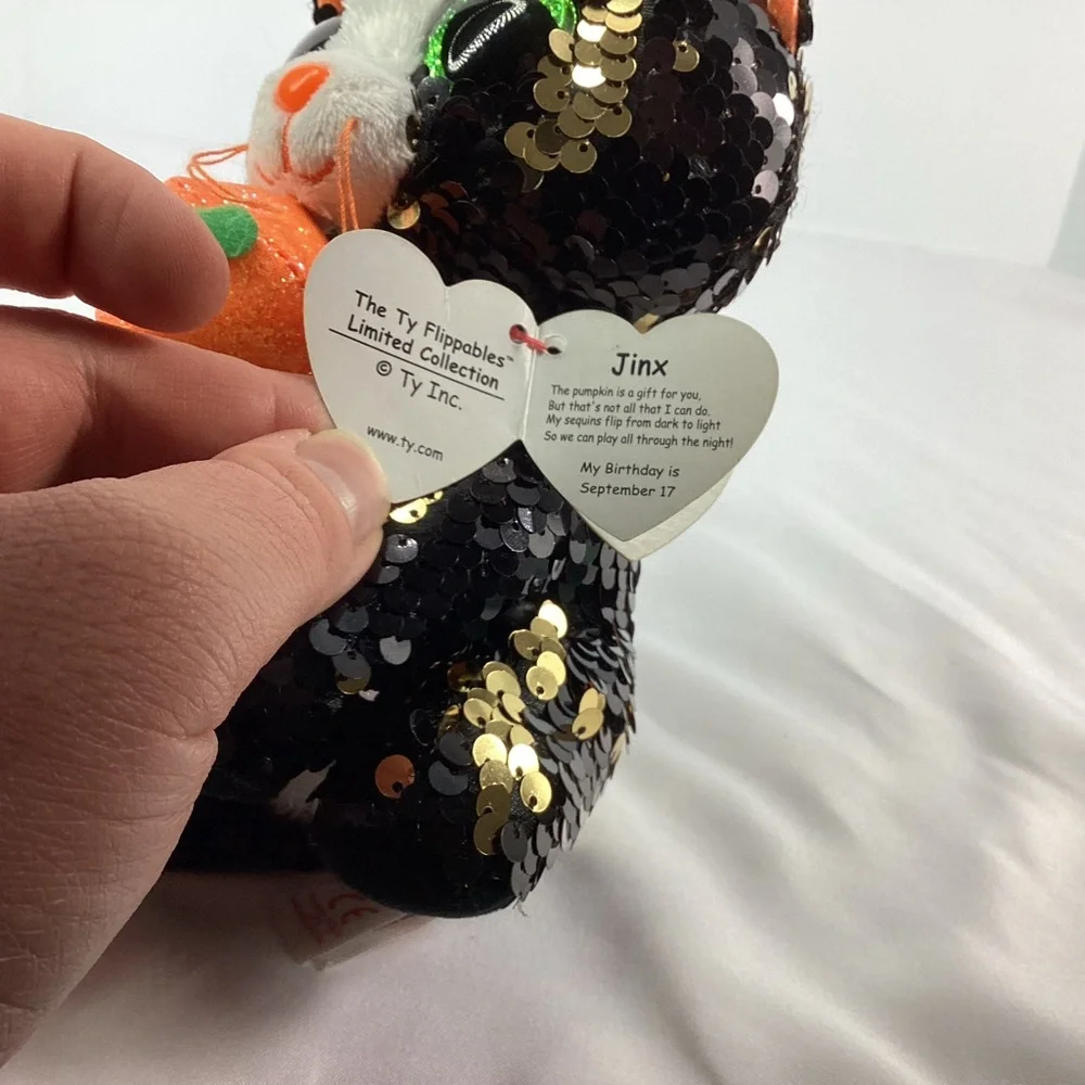 Ty Flippables Plush Jinx Black Cat Pumpkin 6” Halloween Sequins Stuffed Animal - Picture 7 of 11
